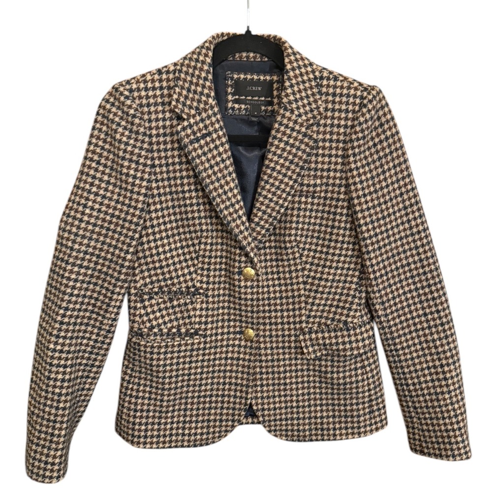 J.Crew Schoolboy Houndstooth Wool Blazer Brown Navy Gold‎ Crest Buttons Size 4